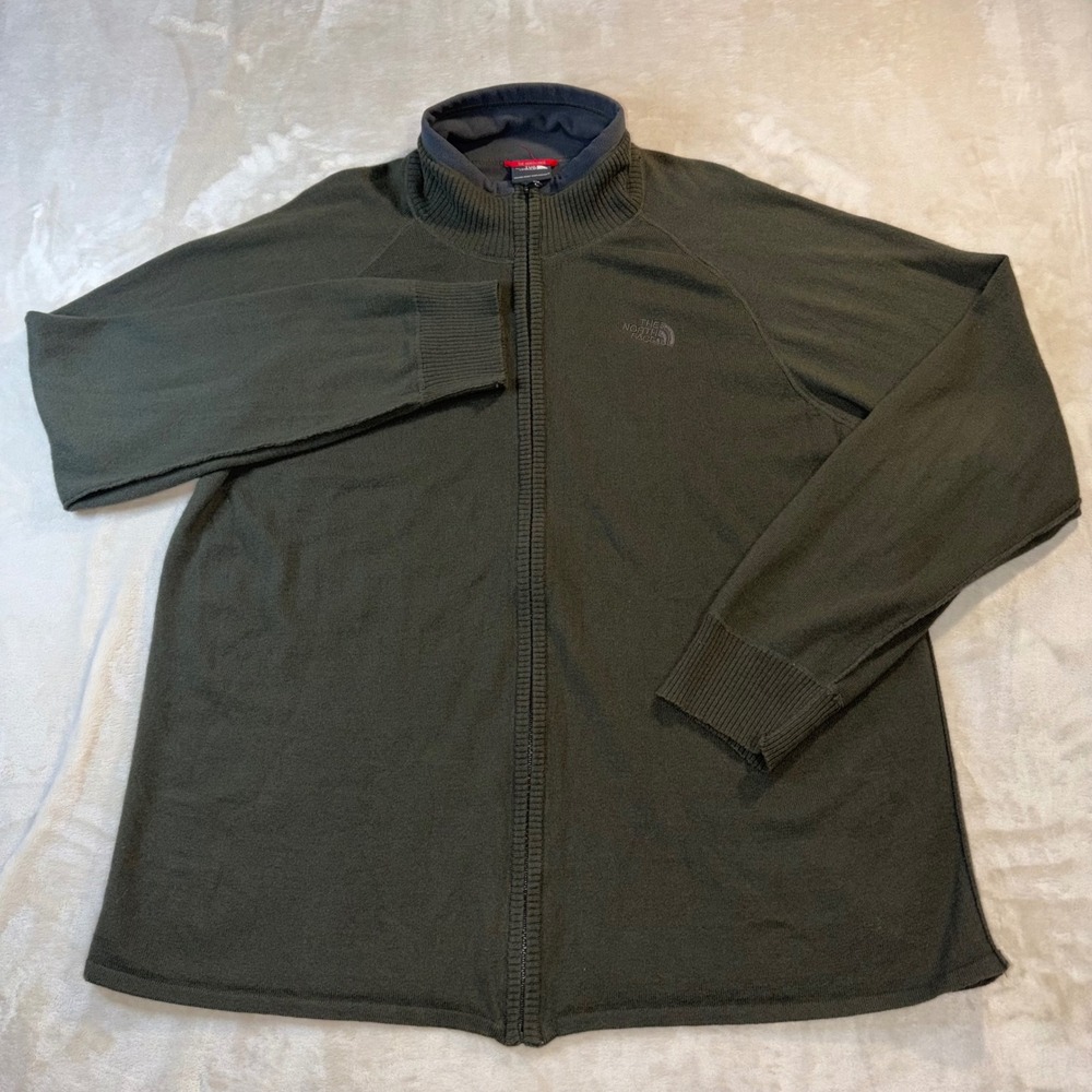 The North Face Mens XL Olive Green Cotton Wool Full Zip Fleece Lined Sweater